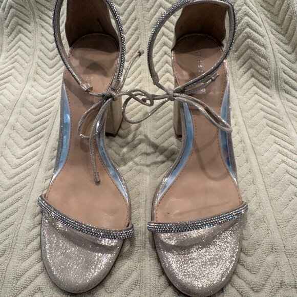 Worn ONCE - Copper Key Rhinestone Women's 4" Block Heel Sandals Size 9 Tie Ankle - Picture 1 of 10